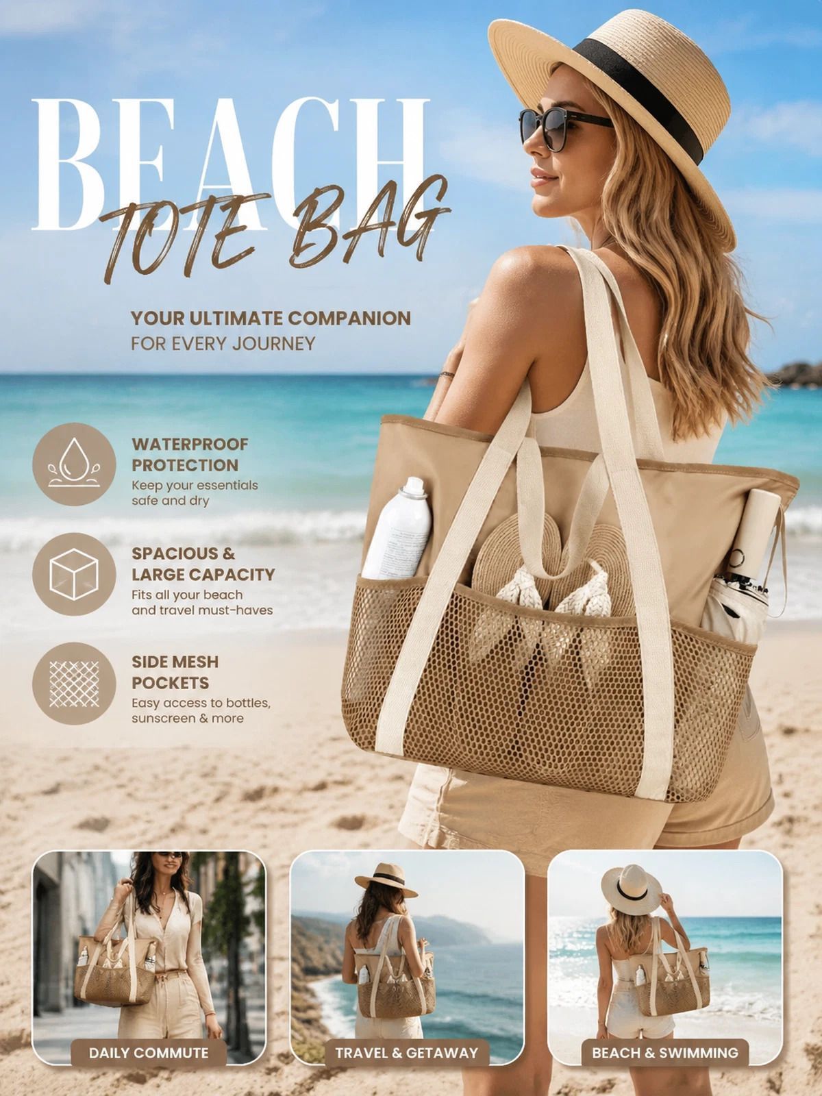Brown Lightweight Handheld Beach Bag Water Resistant Swim Pouch - Image 1