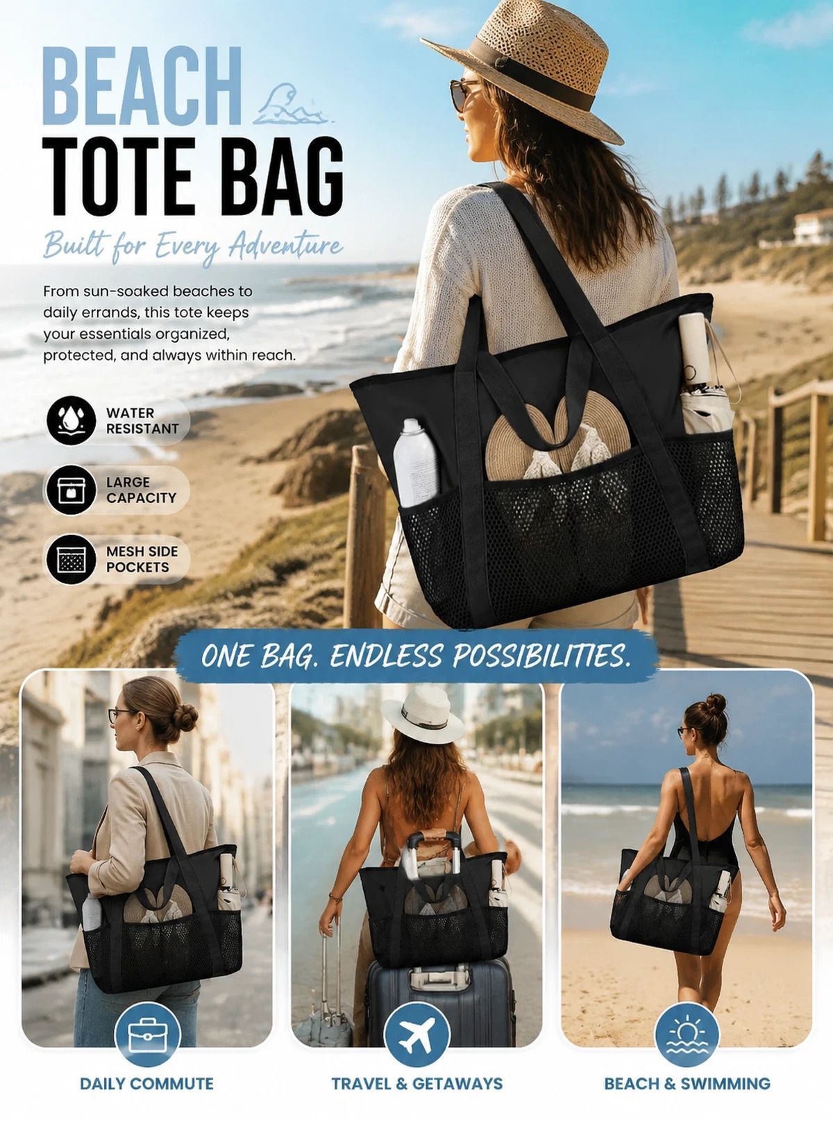 Solid Black Multi-purpose Waterproof Tote Large Beach Handbag - Image 1