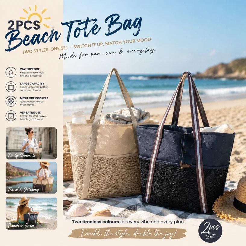 Dark Grey & Beige Waterproof Beach Tote 2 Pack Swim Travel Handbags - Image 1