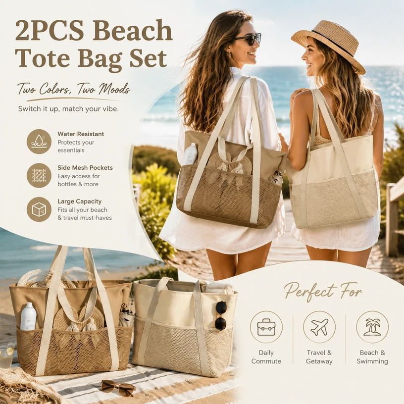Beige & Brown Water Resistant Beach Tote Bag 2 Pieces Pack - Image 1