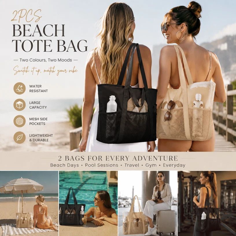 Beige & Solid Black Outdoor Travel Beach Handbag Twin Pack - Image 1