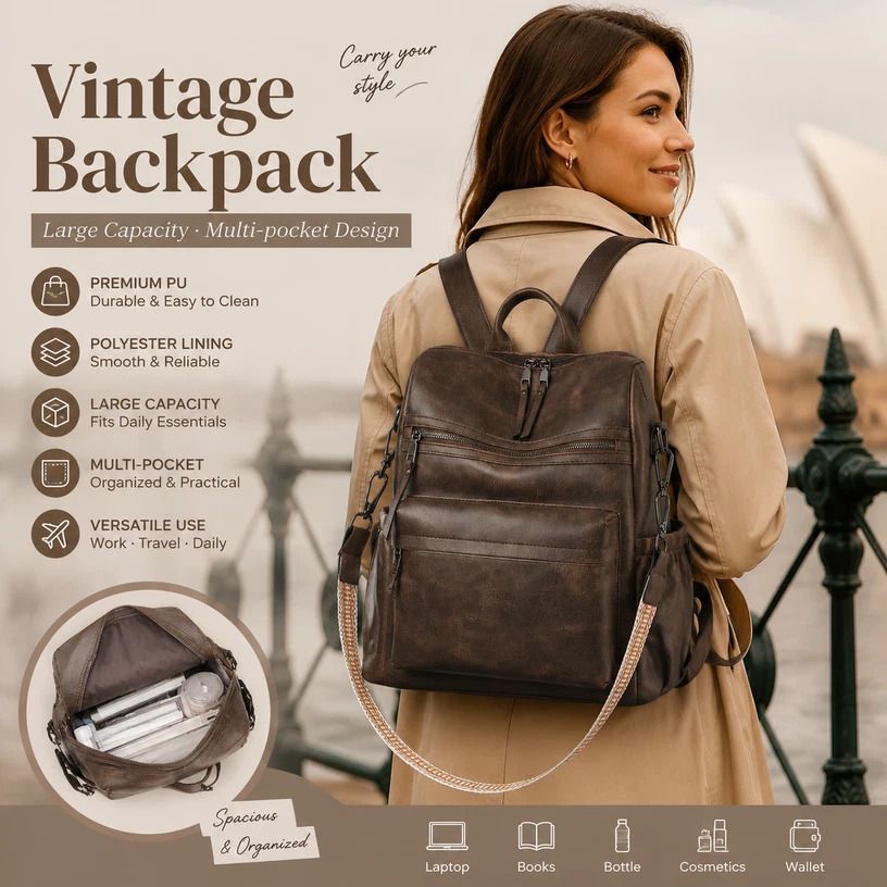 Two-Tone Coffee Textured Women Retro Backpack Multi Functional Large Capacity Bag - Image 1