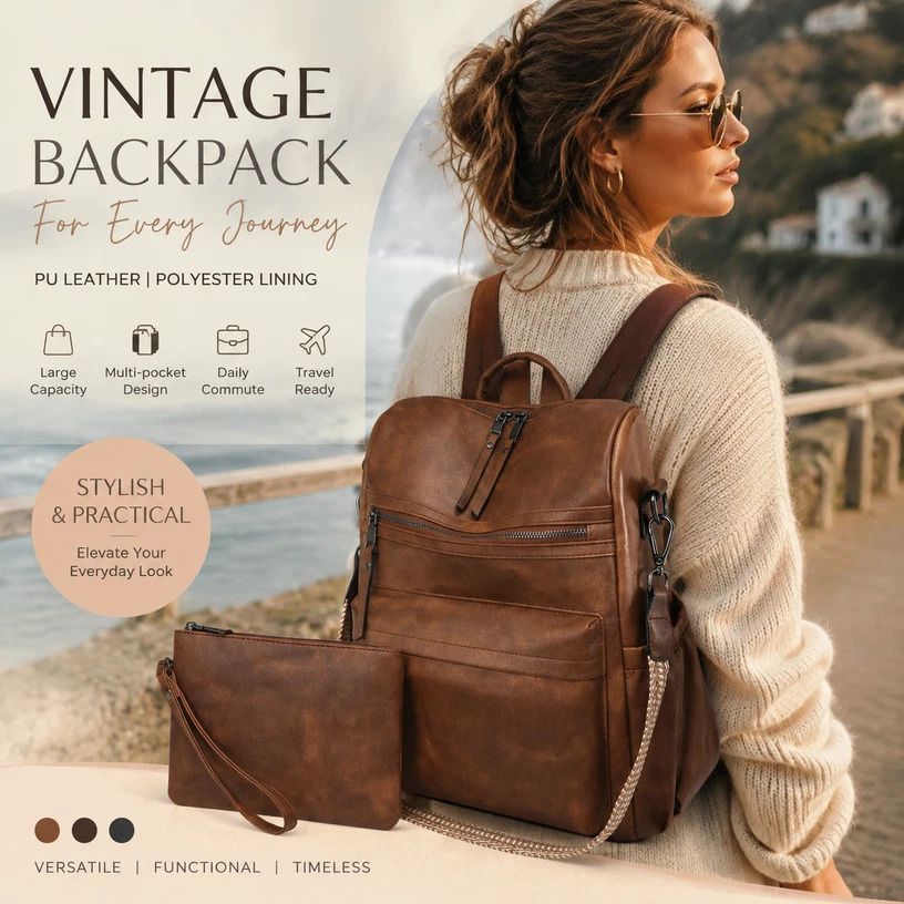 Two-Tone Brown Grain Ladies Vintage Backpack Set Large Travel Shoulder Bag - Image 1