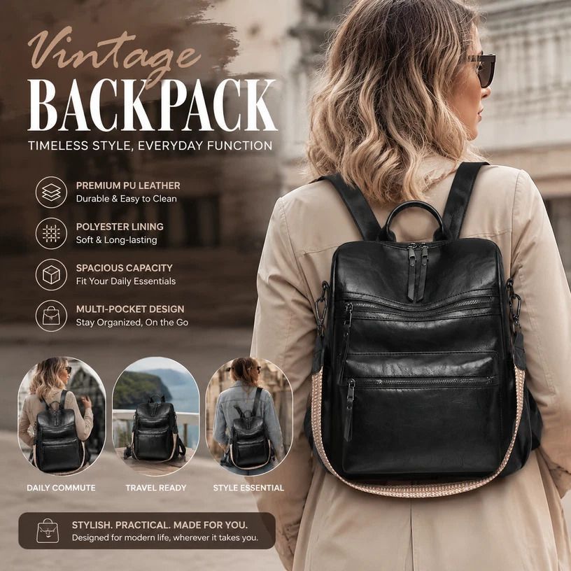 Black Retro European Style Women Backpack Multi Pocket Large Daily Bag - Image 1