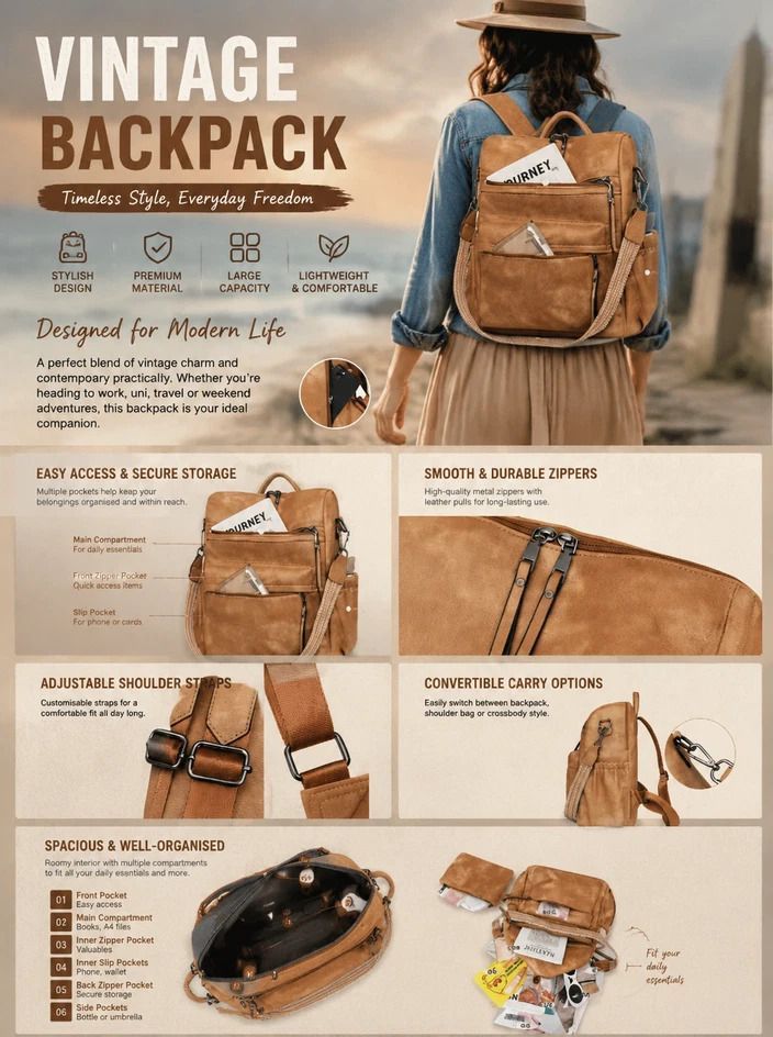Black Retro European Style Women Backpack Multi Pocket Large Daily Bag - Image 2