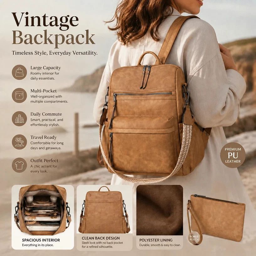 Yellow Apricot Textured Ladies Backpack Set Vintage Large Capacity Shoulder Pack - Image 1