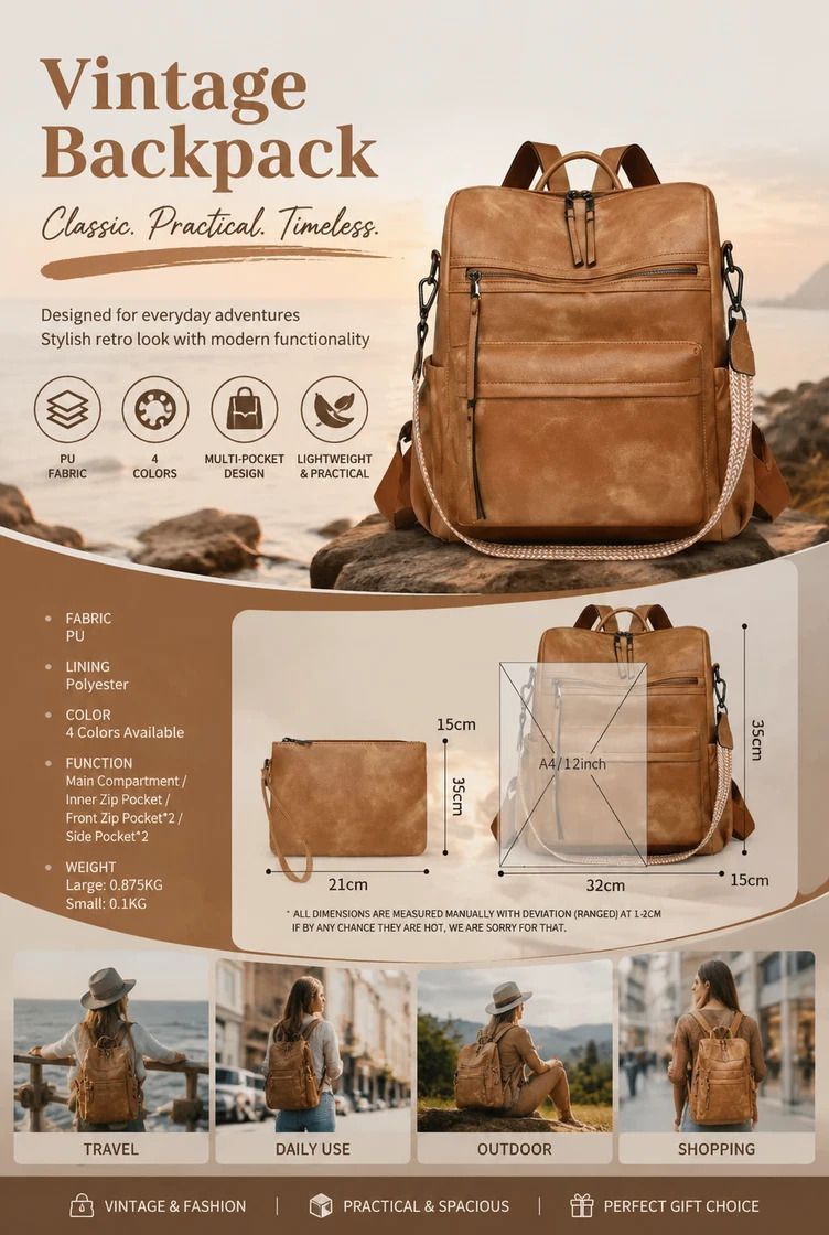 Yellow Apricot Textured Ladies Backpack Set Vintage Large Capacity Shoulder Pack - Image 3