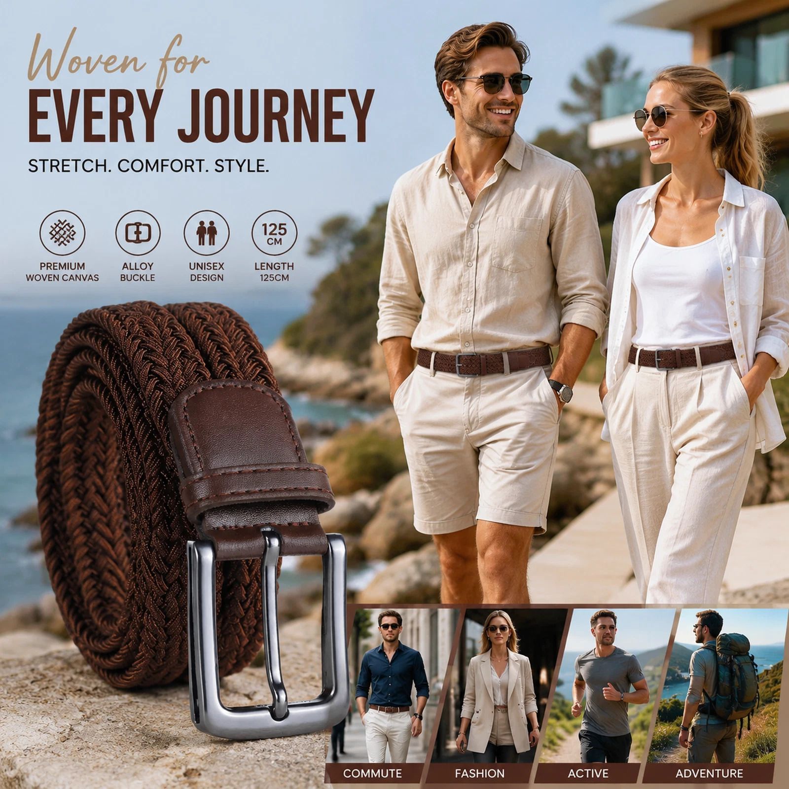 Coffee Stretch Canvas Waist Belt 125cm Adjustable Elastic Golf Strap for Men Women - Image 1