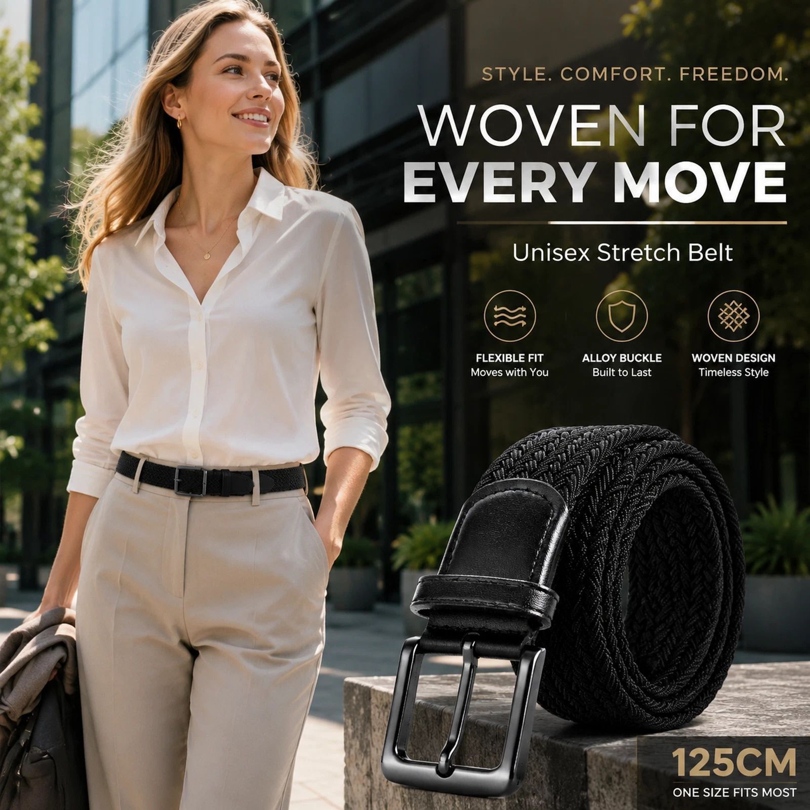 Black 125cm Woven Canvas Belt Elastic Stretch Unisex Fashion Golf Trouser Belt - Image 1