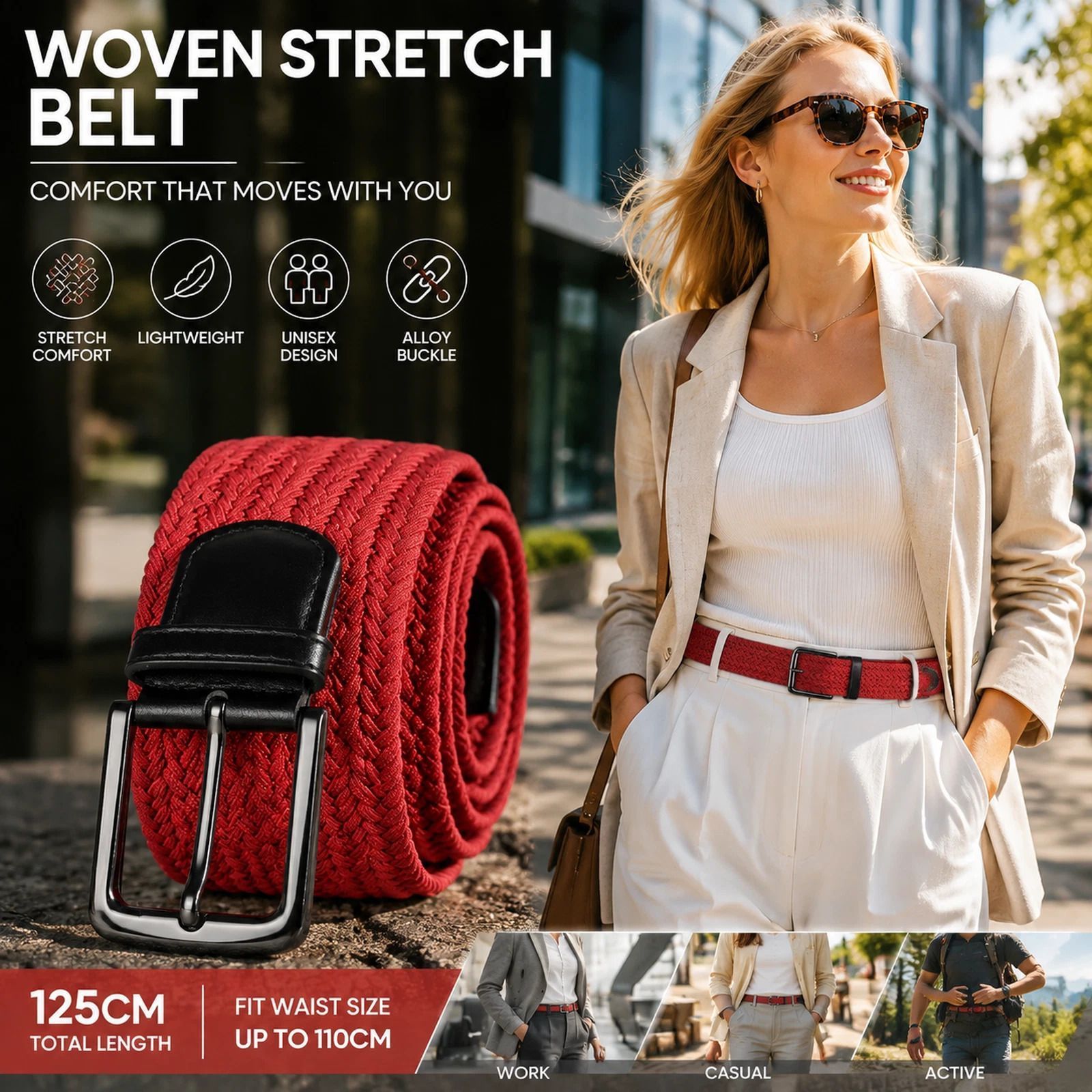 Red Elastic Canvas Golf Belt 125cm Woven Stretch Waist Strap For All Genders - Image 1