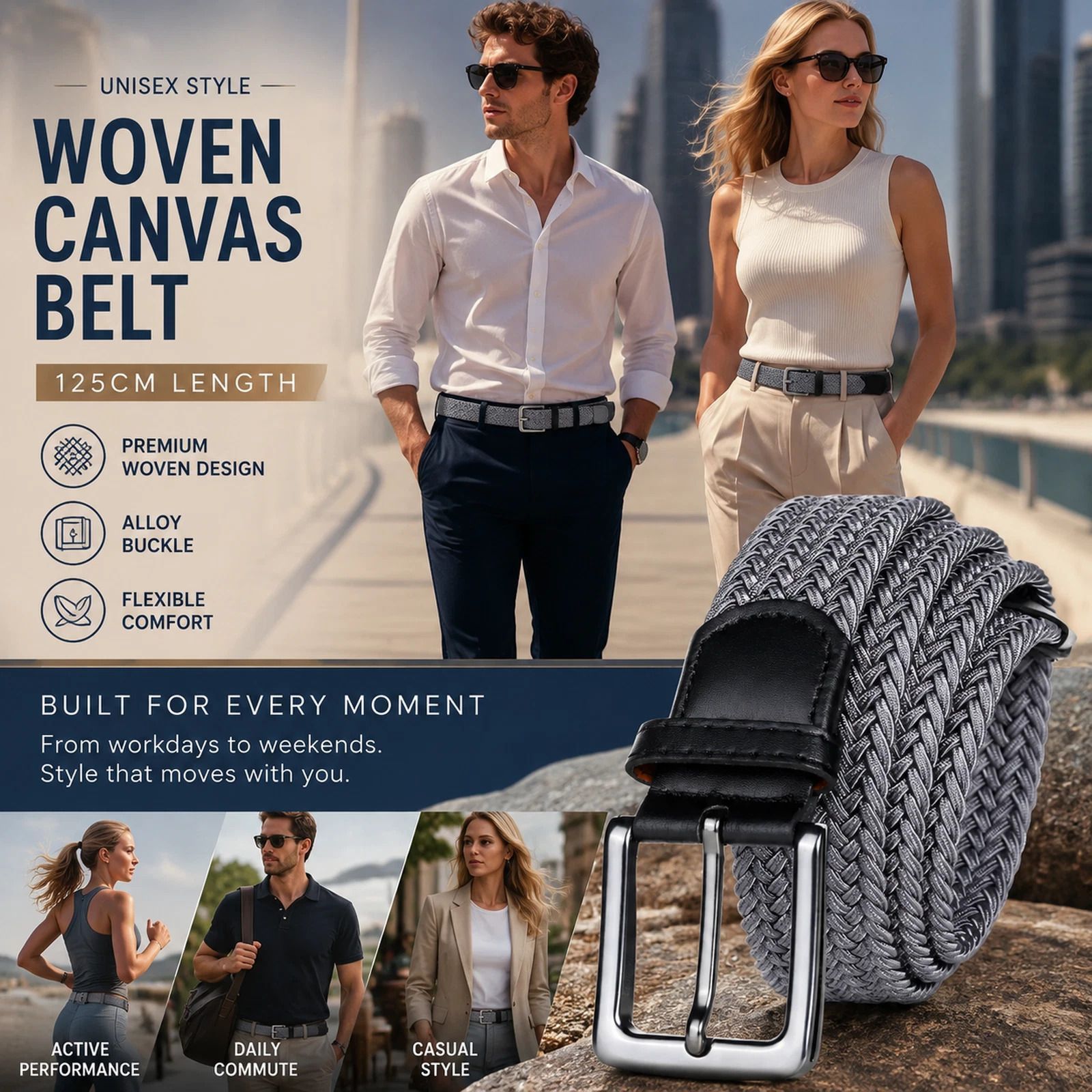 Grey Stretch Woven Canvas Trouser Belt 125cm Unisex Adjustable Golf Strap - Image 1
