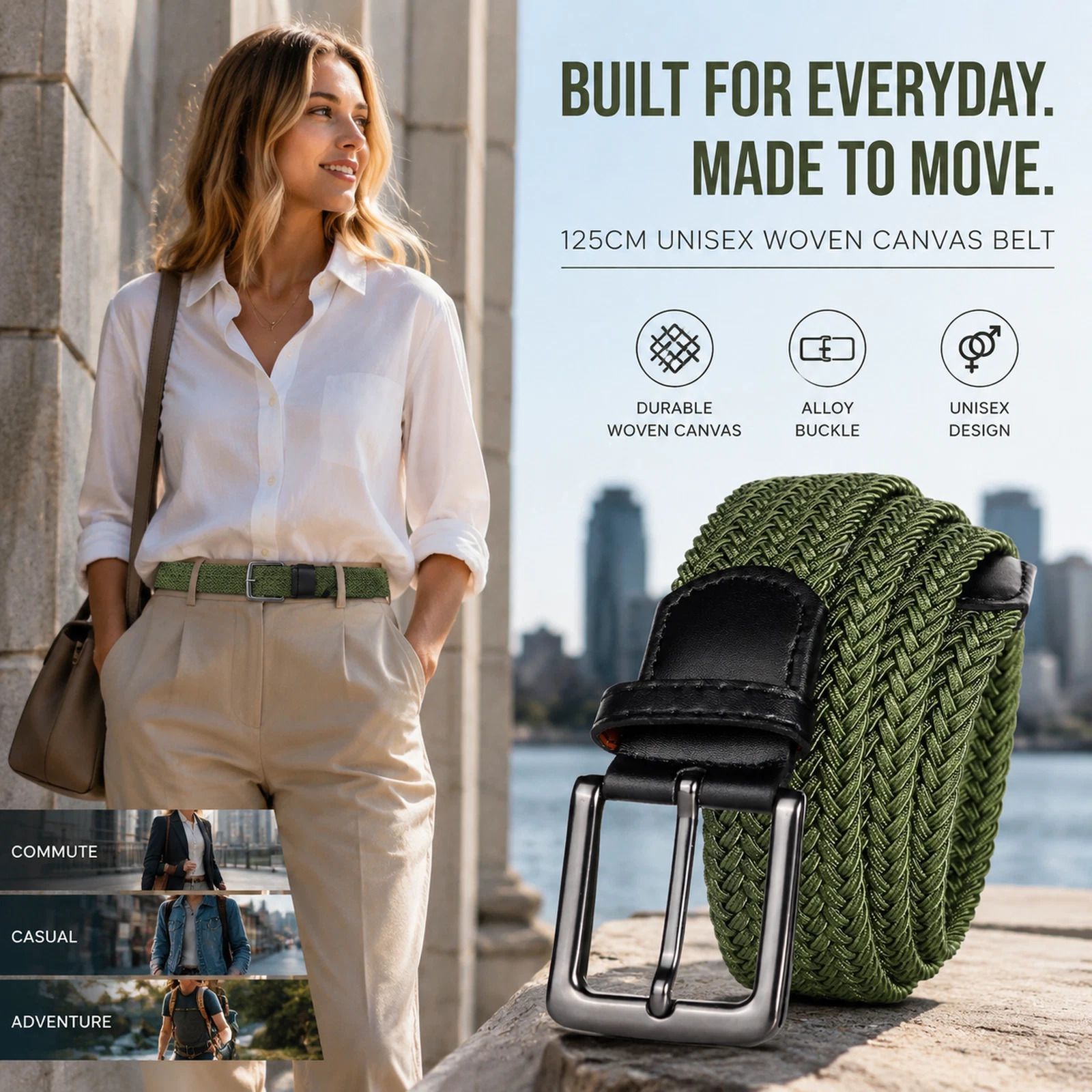 Army Green Elastic Stretch Canvas Belt 125cm Fashion Woven Golf Waist Strap - Image 1