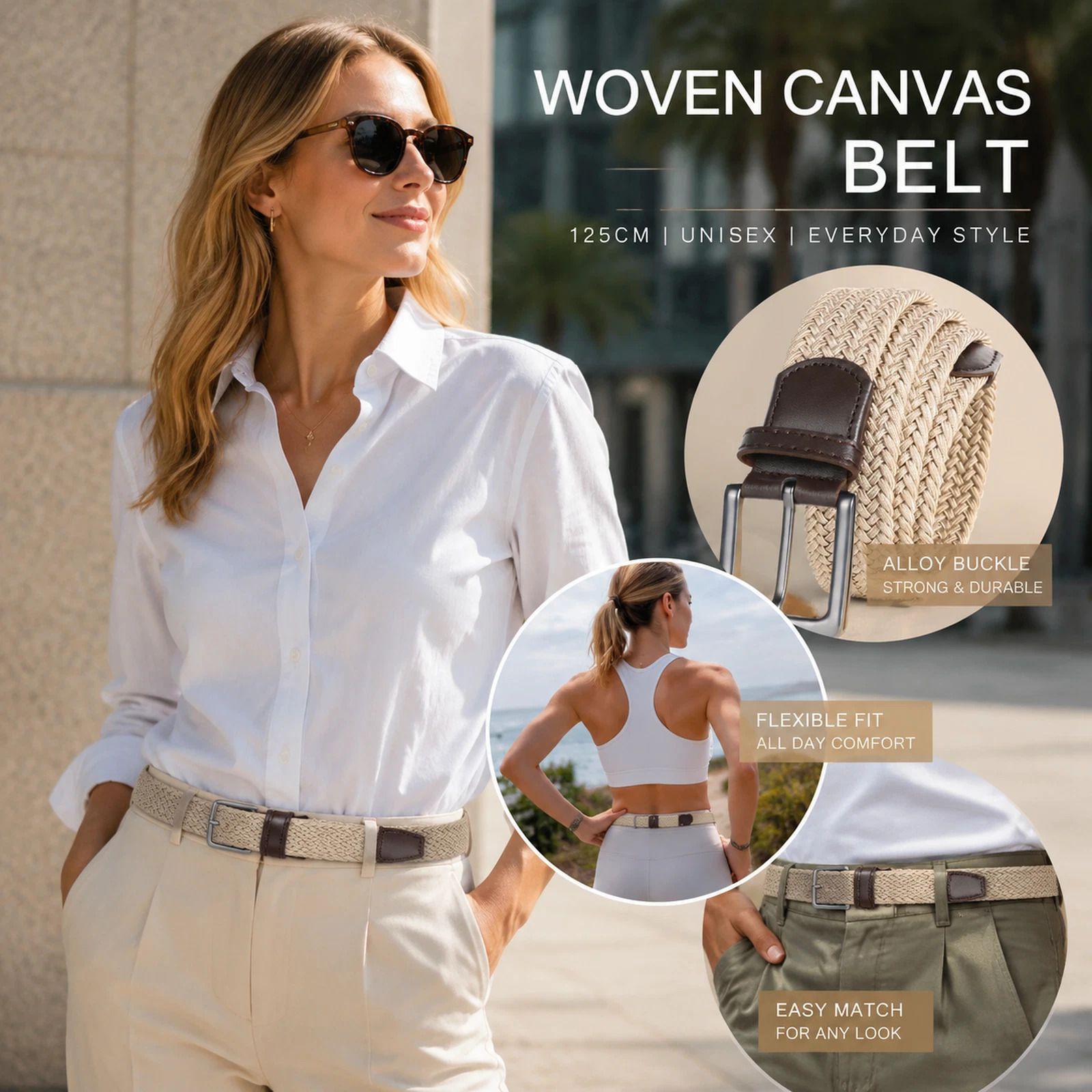 Khaki Woven Elastic Golf Belt 125cm Stretch Canvas Unisex Trouser Strap - Image 1