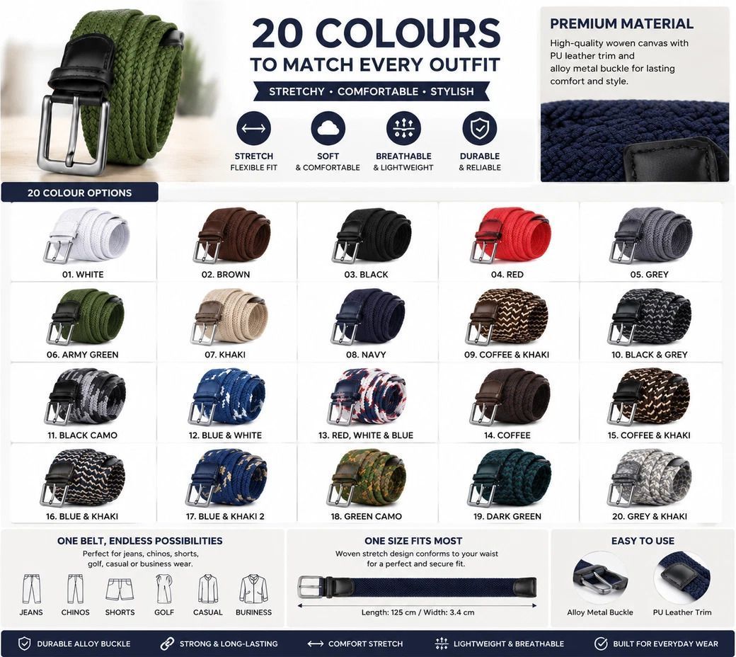 Khaki Woven Elastic Golf Belt 125cm Stretch Canvas Unisex Trouser Strap - Image 3