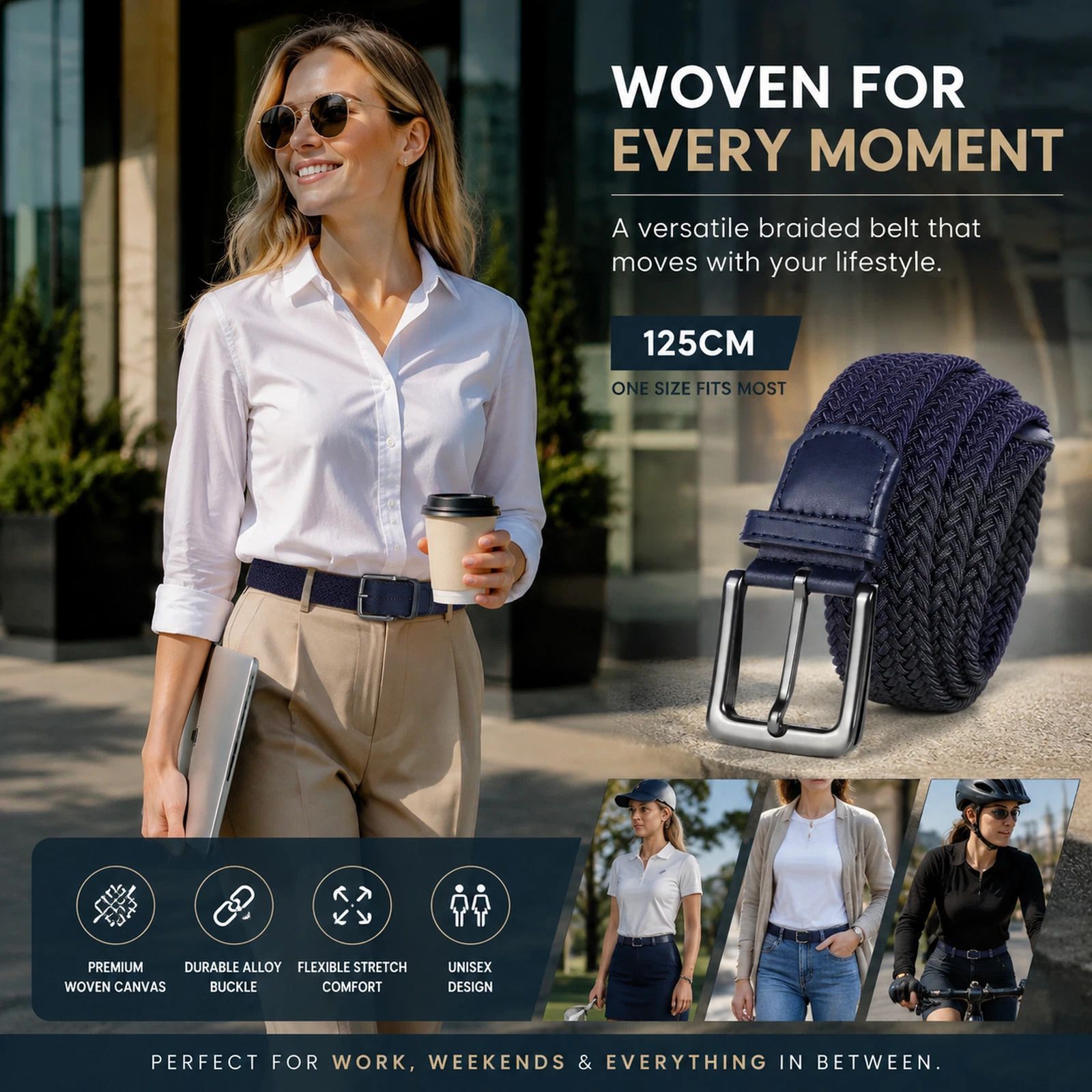 Navy Blue 125cm Canvas Waist Belt Elastic Woven Stretch Fashion Golf Strap - Image 1
