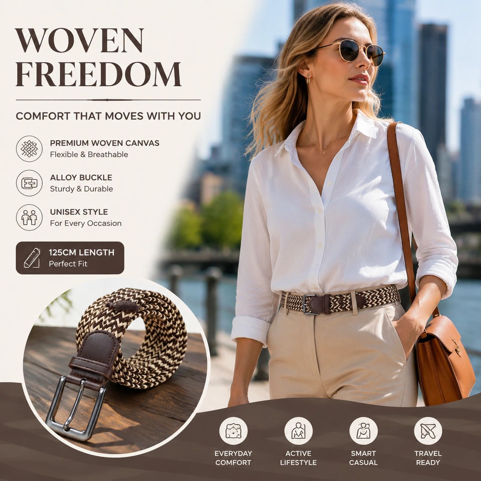 Coffee Khaki Color Block Canvas Belt 125cm Elastic Stretch Unisex Golf Strap - Image 1