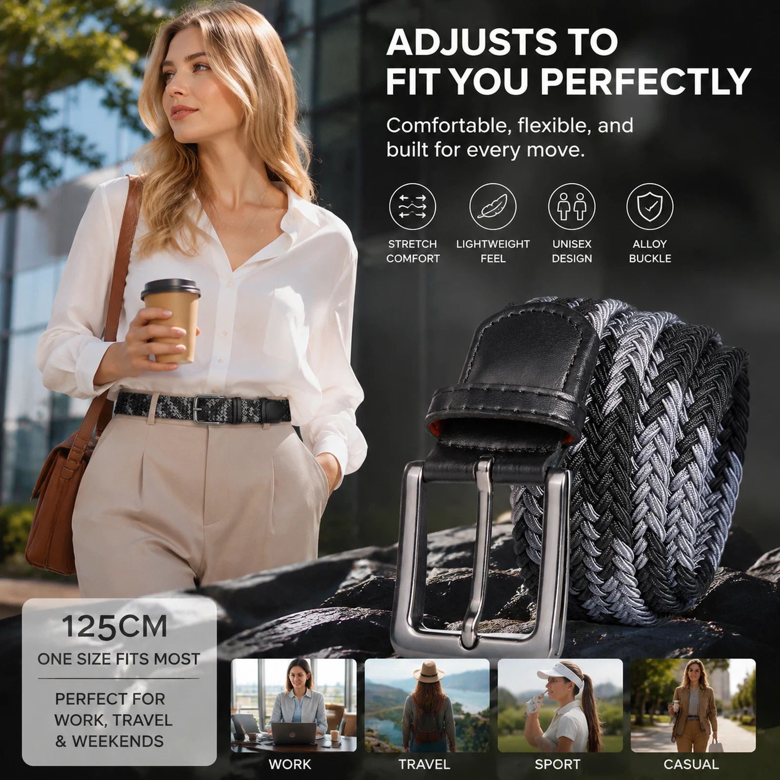 Double Black Grey Canvas Waist Strap 125cm Elastic Stretch Unisex Golf Belt - Image 1