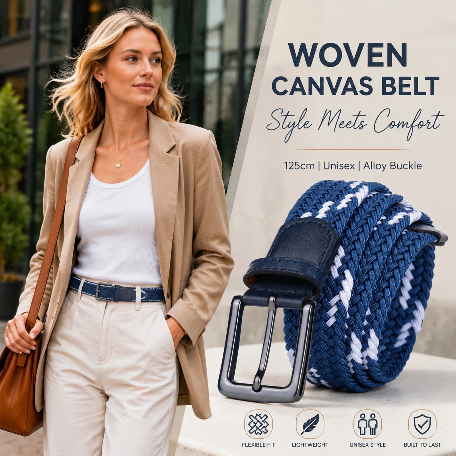 Double Blue White Block Stretch Canvas Belt 125cm Woven Elastic Golf Strap - Image 1