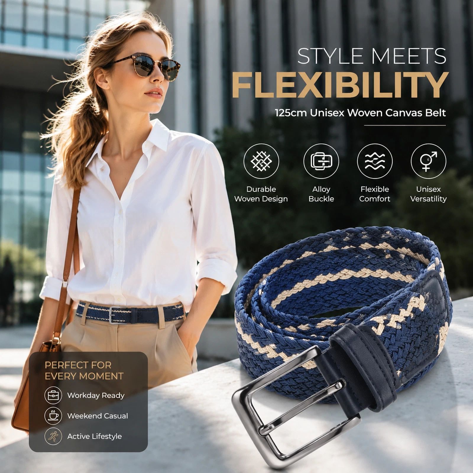 Double Blue Khaki Elastic Canvas Golf Belt 125cm Woven Stretch Trouser Strap - Image 1
