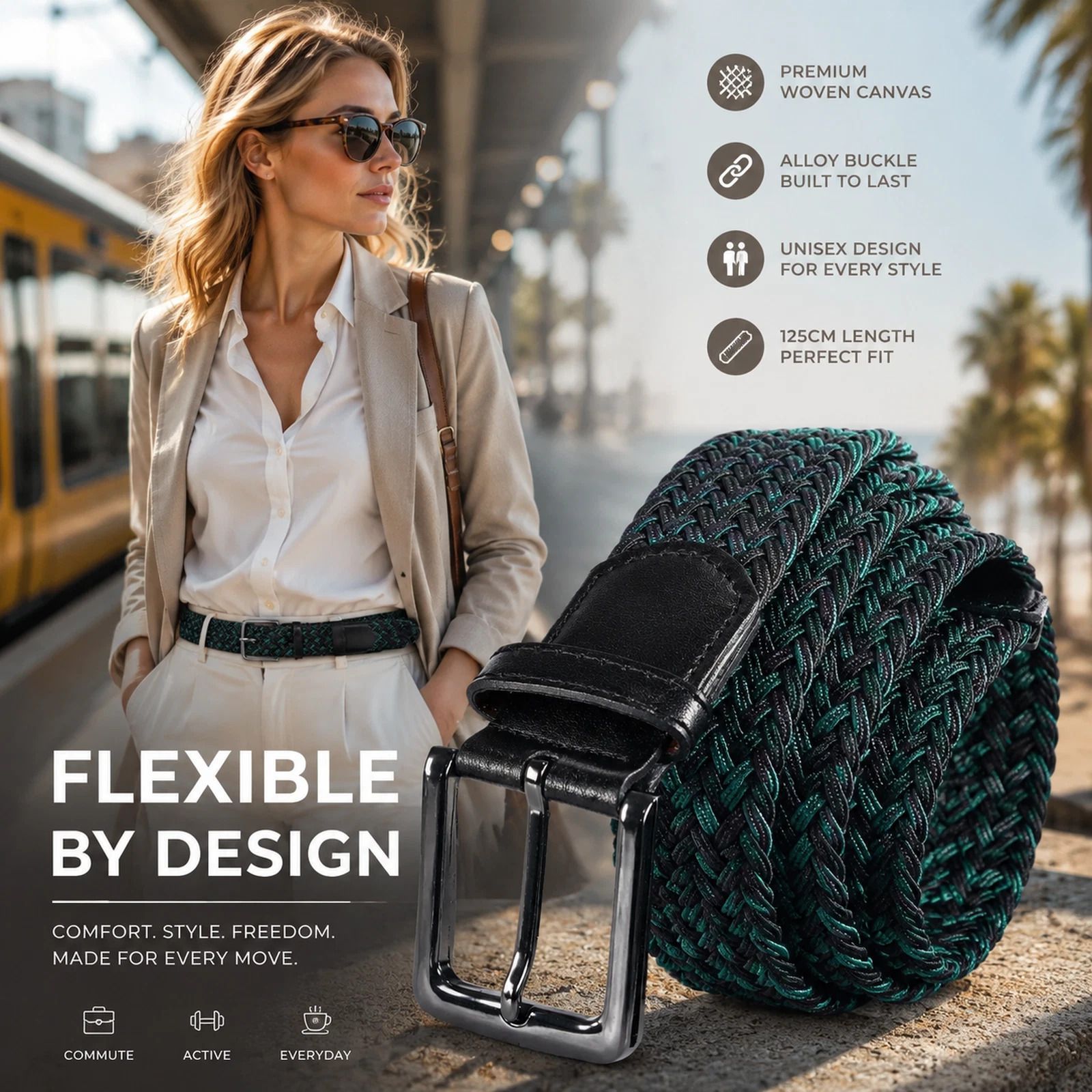 Green Black Color Block Canvas Golf Belt 125cm Elastic Stretch Woven Strap - Image 1