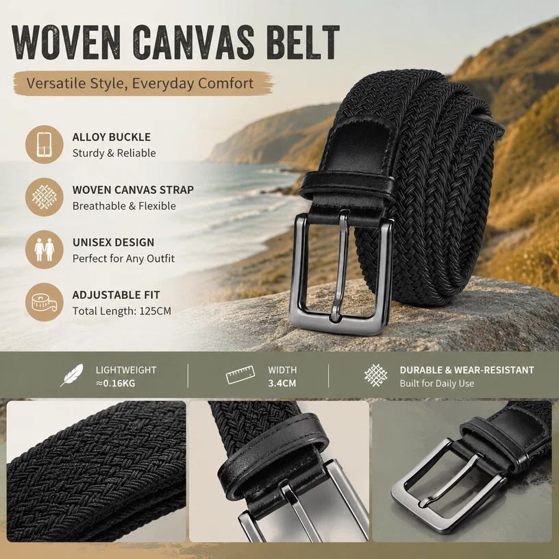 Green Black Color Block Canvas Golf Belt 125cm Elastic Stretch Woven Strap - Image 2