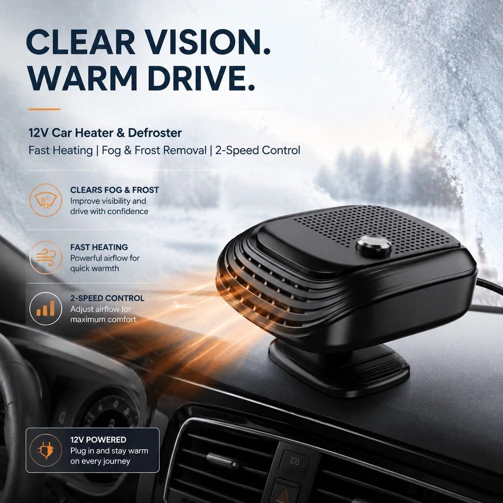 12V Black Portable Car Heater Fast Warm In-Car Heating Device - Image 1