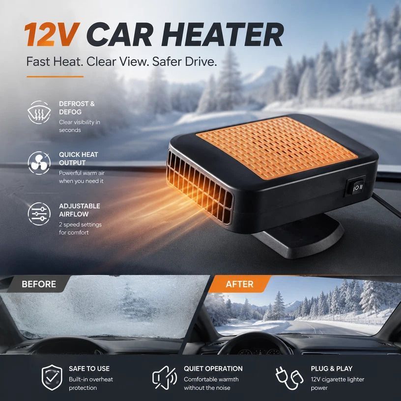 12V Red In-Car Heater High Power Windshield Heating Blower - Image 1
