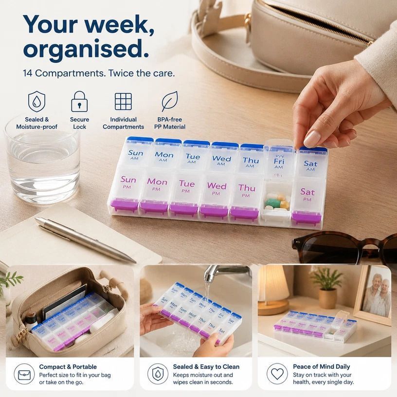 Portable Press 14 Compartment Pill Box Double Row Weekly Medicine Organiser 1Pc - Image 1