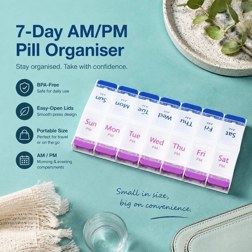 Portable Press 14 Compartment Pill Box Double Row Weekly Medicine Organiser 1Pc - Image 3