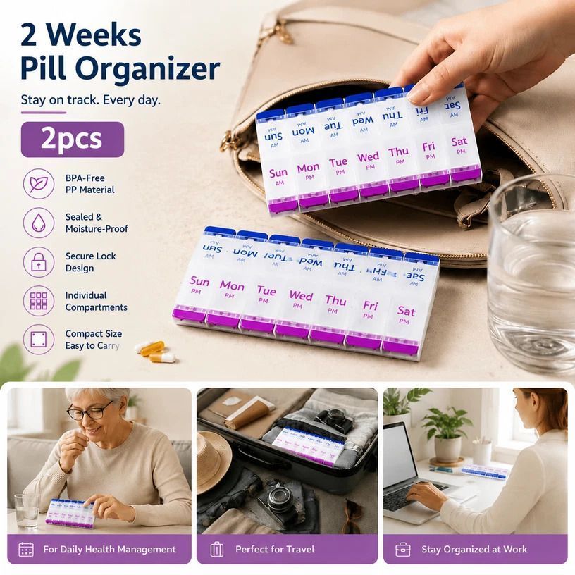 Press Type 14 Grid Tablet Storage Box Independent Compartments Travel Pill Case 2Pcs - Image 1