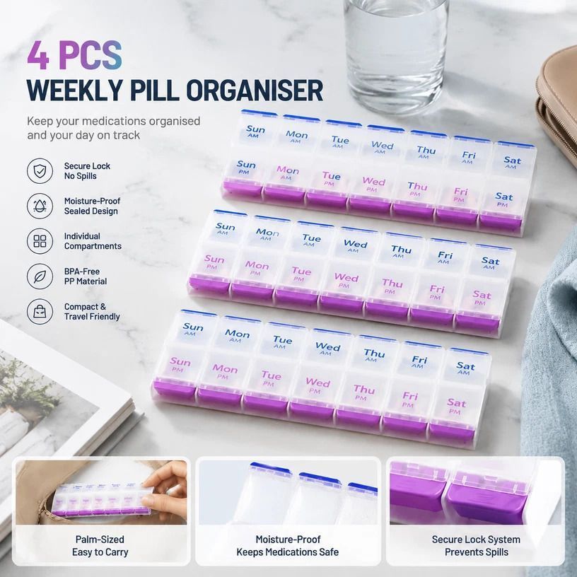 Double Row 14 Compartment Weekly Pill Container Portable Press Medicine Box 4Pcs - Image 1
