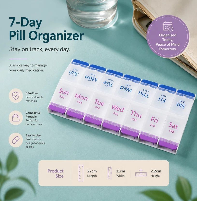 Double Row 14 Compartment Weekly Pill Container Portable Press Medicine Box 4Pcs - Image 2