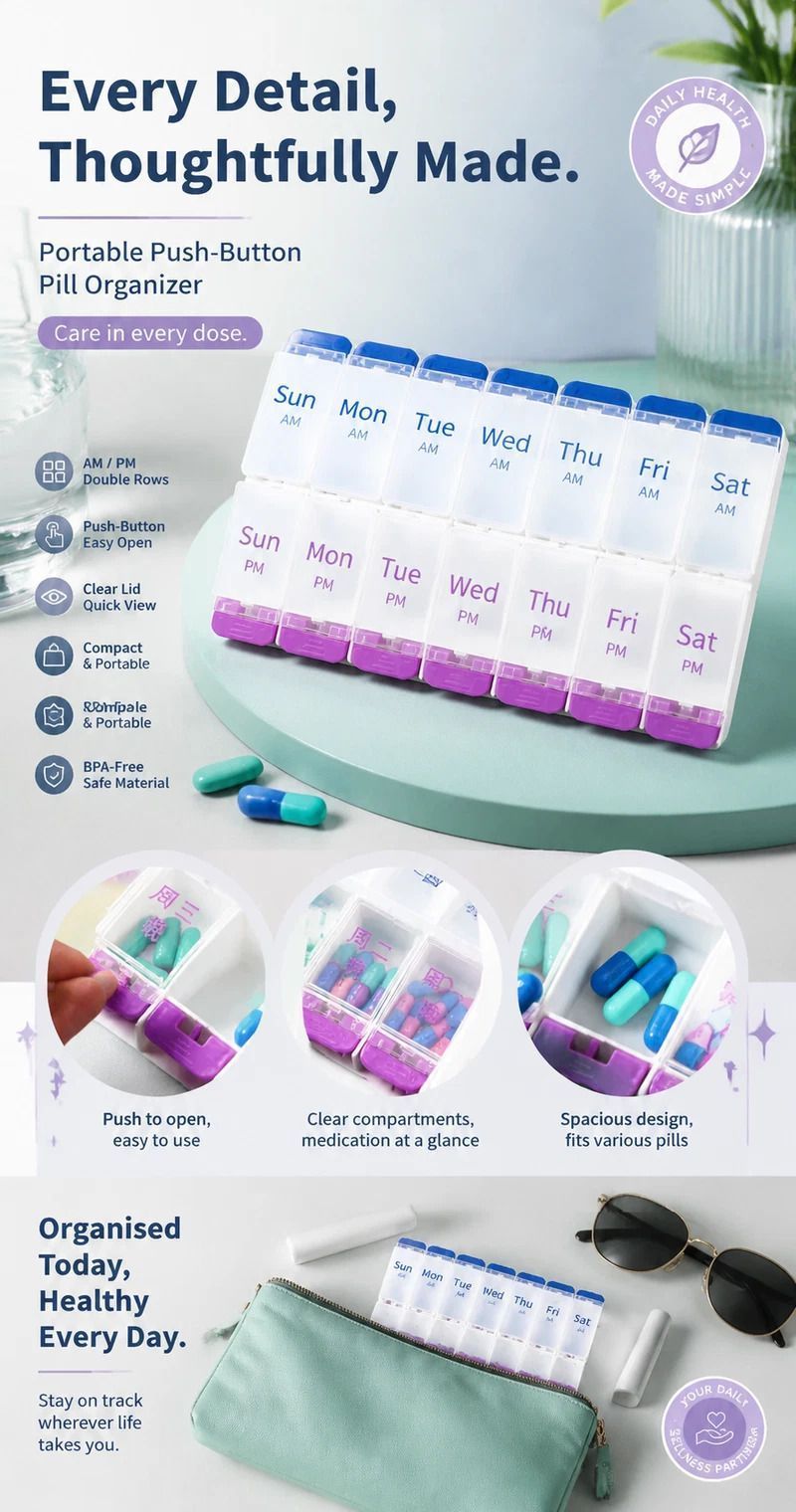 Double Row 14 Compartment Weekly Pill Container Portable Press Medicine Box 4Pcs - Image 4