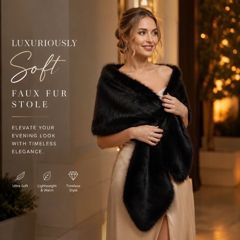 Black Women Fluffy Faux Fur Wrap Shawl Party Costume Stole - Image 1