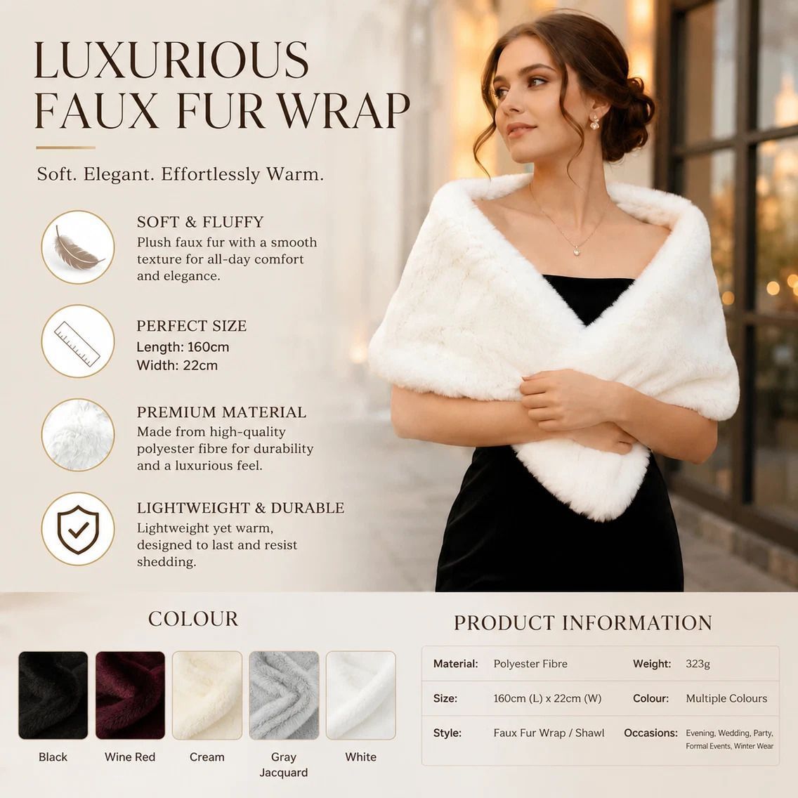 Black Women Fluffy Faux Fur Wrap Shawl Party Costume Stole - Image 2