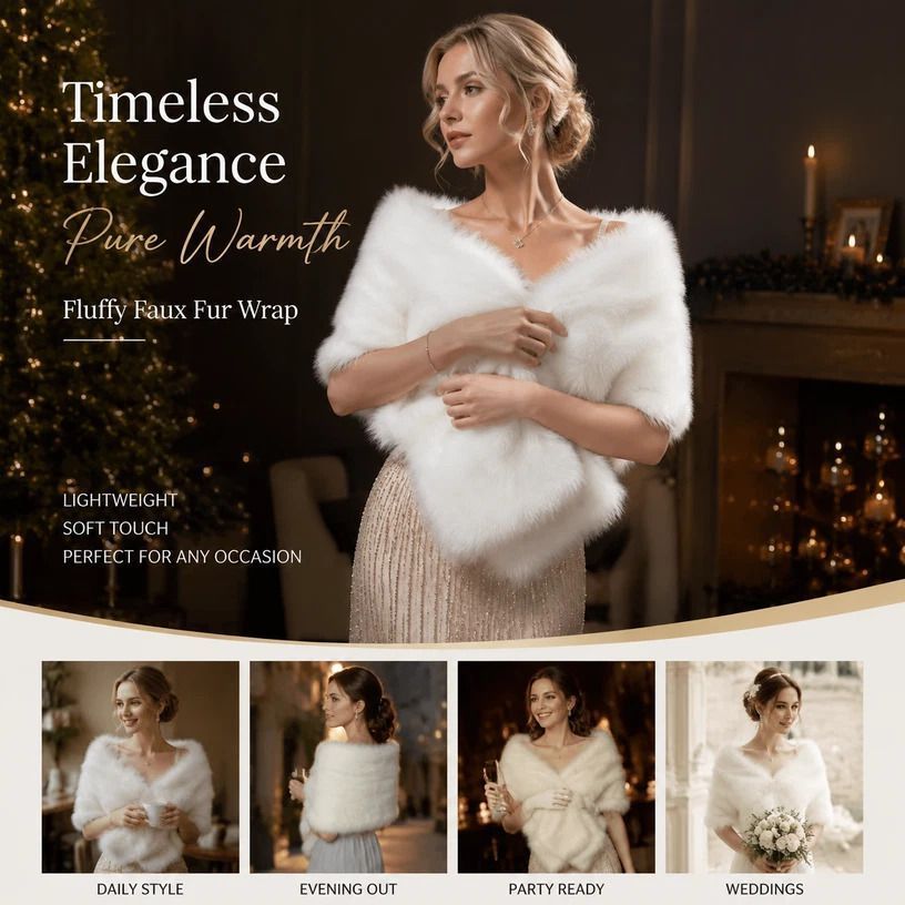 White Ladies Fluffy Faux Fur Wrap Elegant Party Shoulder Cape - Image 1