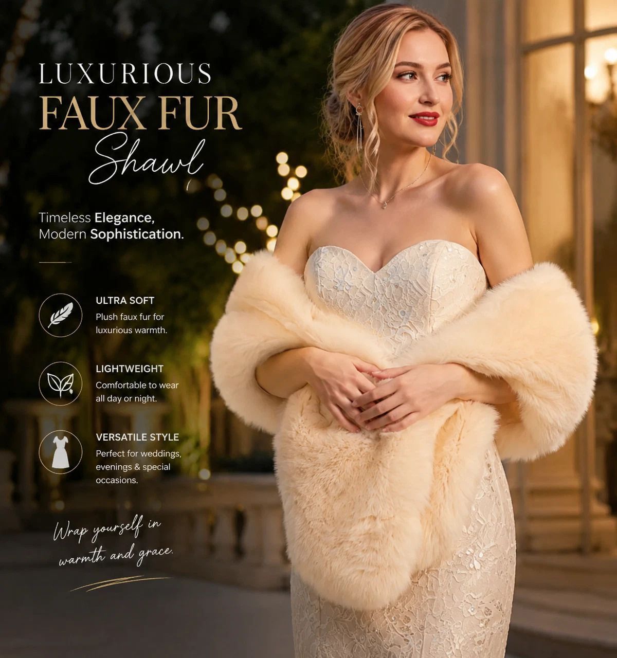 Cream Soft Fluffy Faux Fur Shawl Women Party Wrap Cape - Image 1