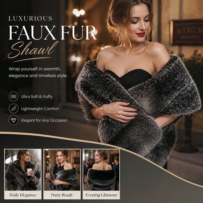 Grey Jacquard Fluffy Faux Fur Wrap Ladies Evening Party Stole - Image 1