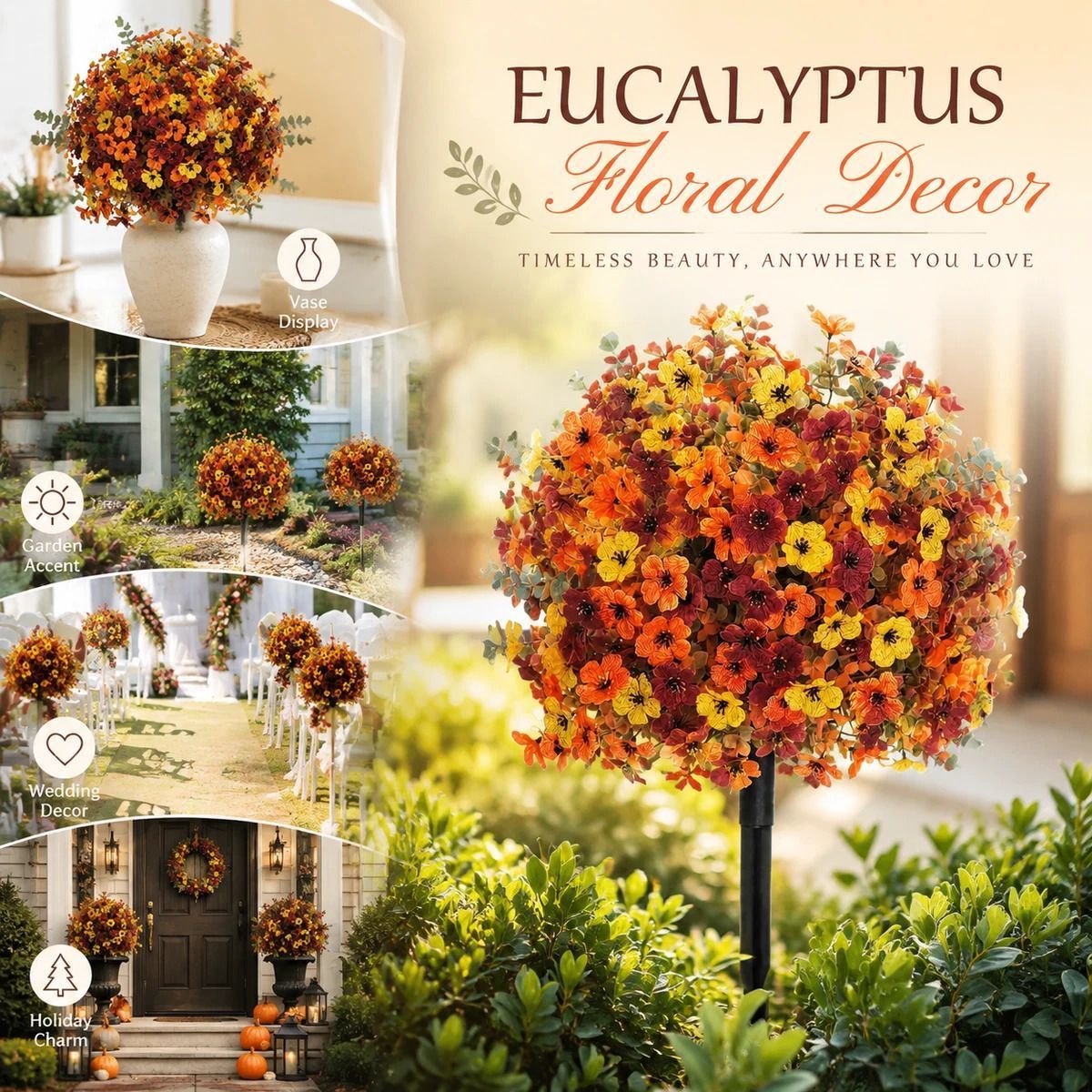 Mixed Autumn Artificial Eucalyptus & Violet Stems Home Garden Stake Photo Prop - Image 1