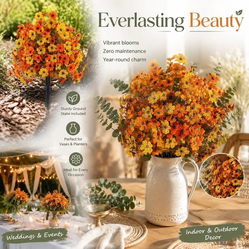 Autumn Yellow Orange Faux Floral Stems Indoor Styling & Outdoor Yard Decoration - Image 1
