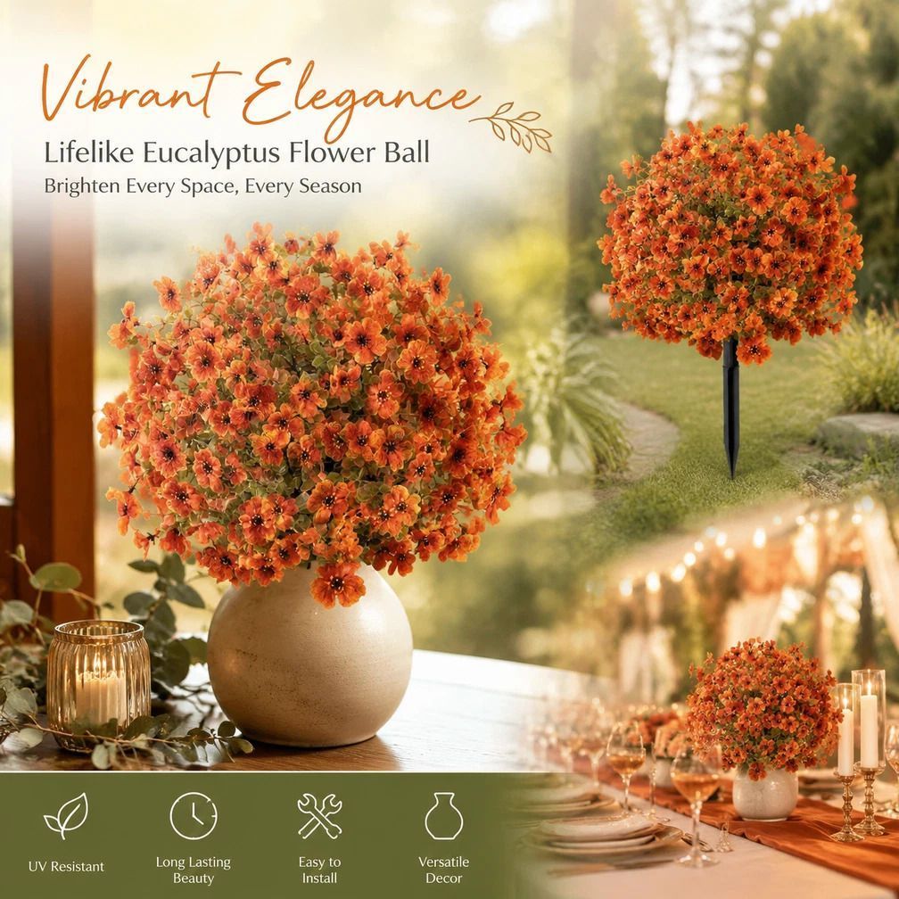 Autumn Orange Artificial Eucalyptus Violet Garden Stake Floral Display Prop - Image 1