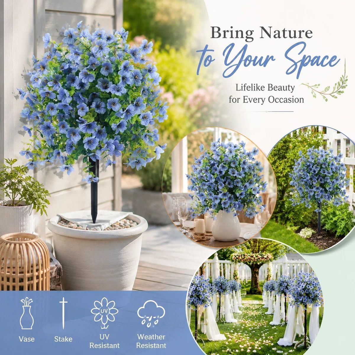 Sky Blue Faux Eucalyptus Violet Yard Stake Indoor Home Decor Stems - Image 1