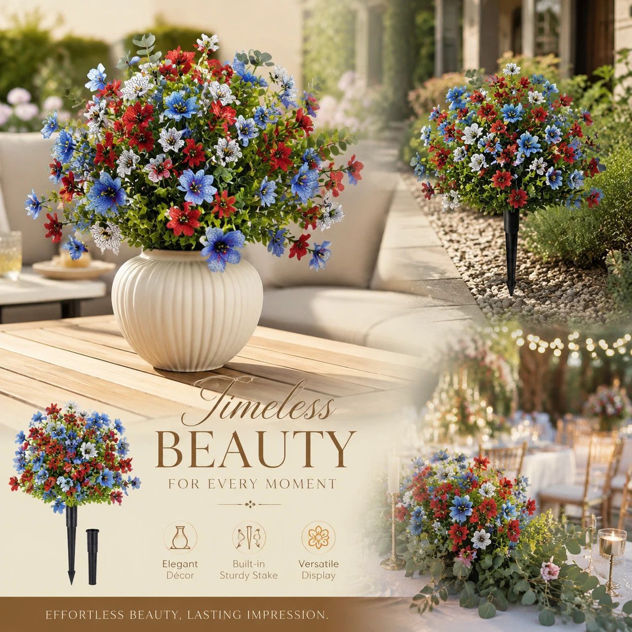 Red Blue White Mixed Artificial Flower Stems Indoor Outdoor Landscape Greenery - Image 1