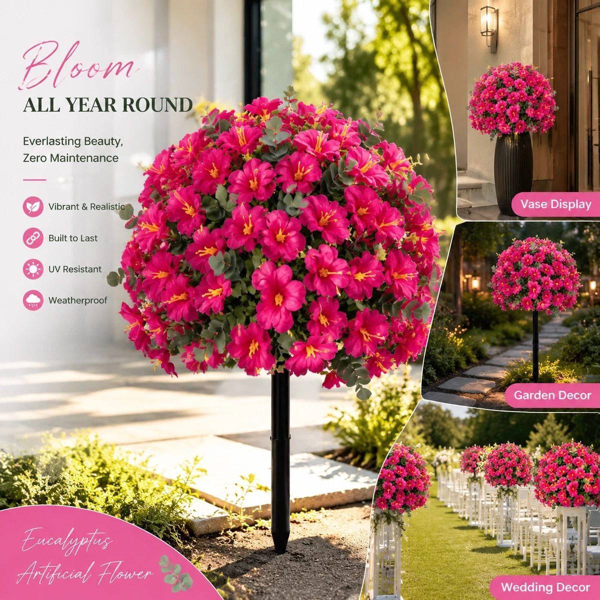Magenta Morning Glory Faux Stems With Eucalyptus Backyard Photo Decor - Image 1