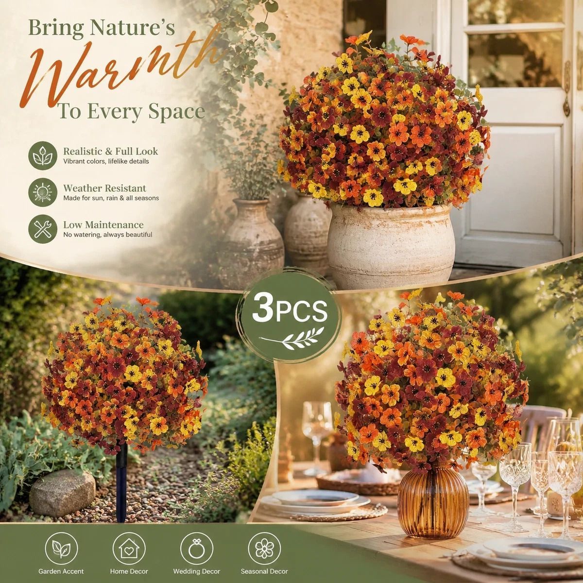 Mixed Autumn Artificial Eucalyptus Violet Stems Set of 3 Garden Stake Photo Decor - Image 1