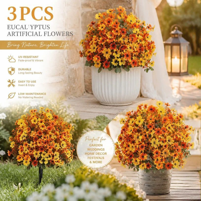 Autumn Yellow Orange Faux Floral Stems 3 Pack Home & Backyard Photography Prop - Image 1