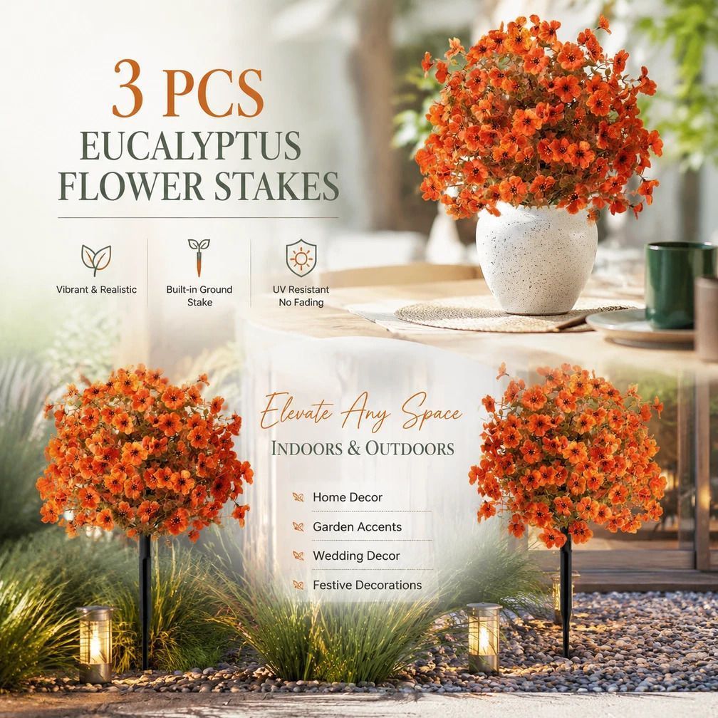 Autumn Orange Artificial Eucalyptus Greenery 3Pcs Outdoor Garden Display Stems - Image 1