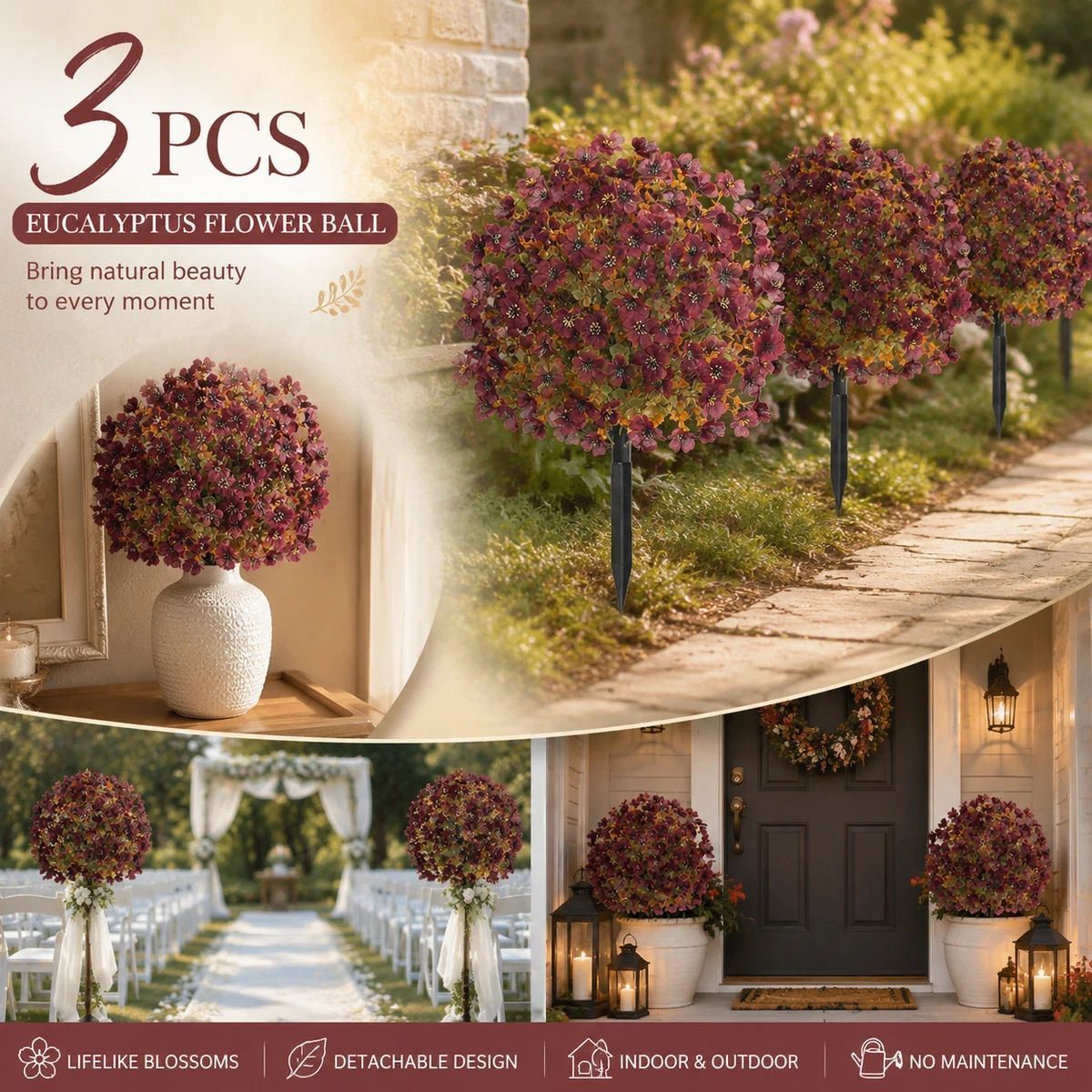 Deep Red Autumn Faux Flower Stems 3 Pack Patio Interior Portrait Styling - Image 1
