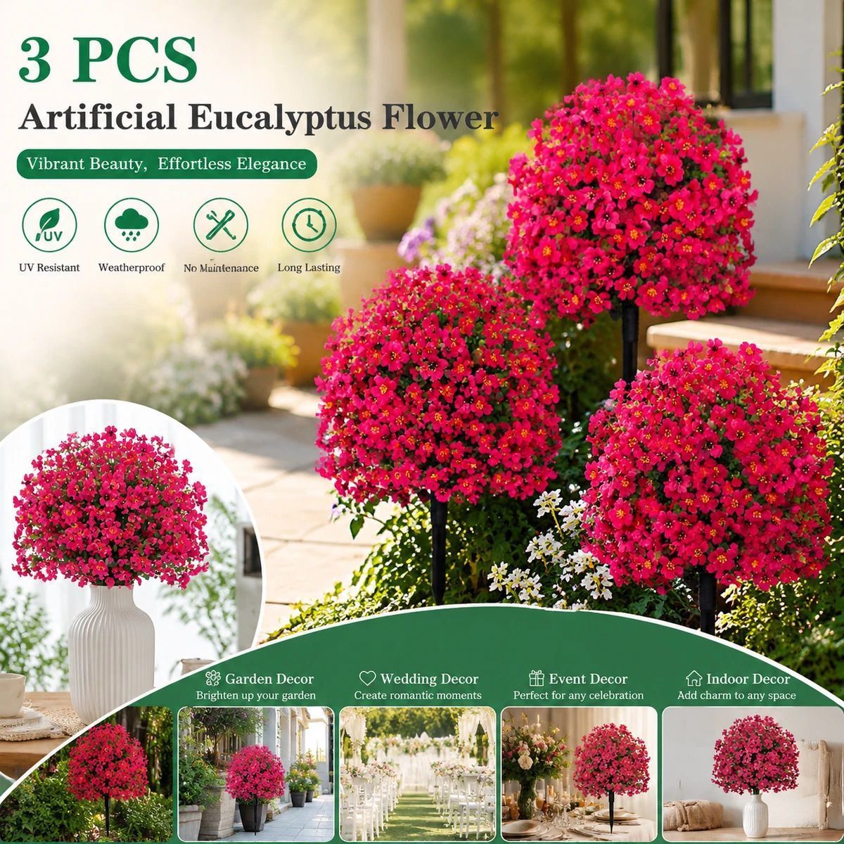 Rose Pink Faux Violet Eucalyptus Stems 3 Pack Balcony Yard Floral Prop - Image 1