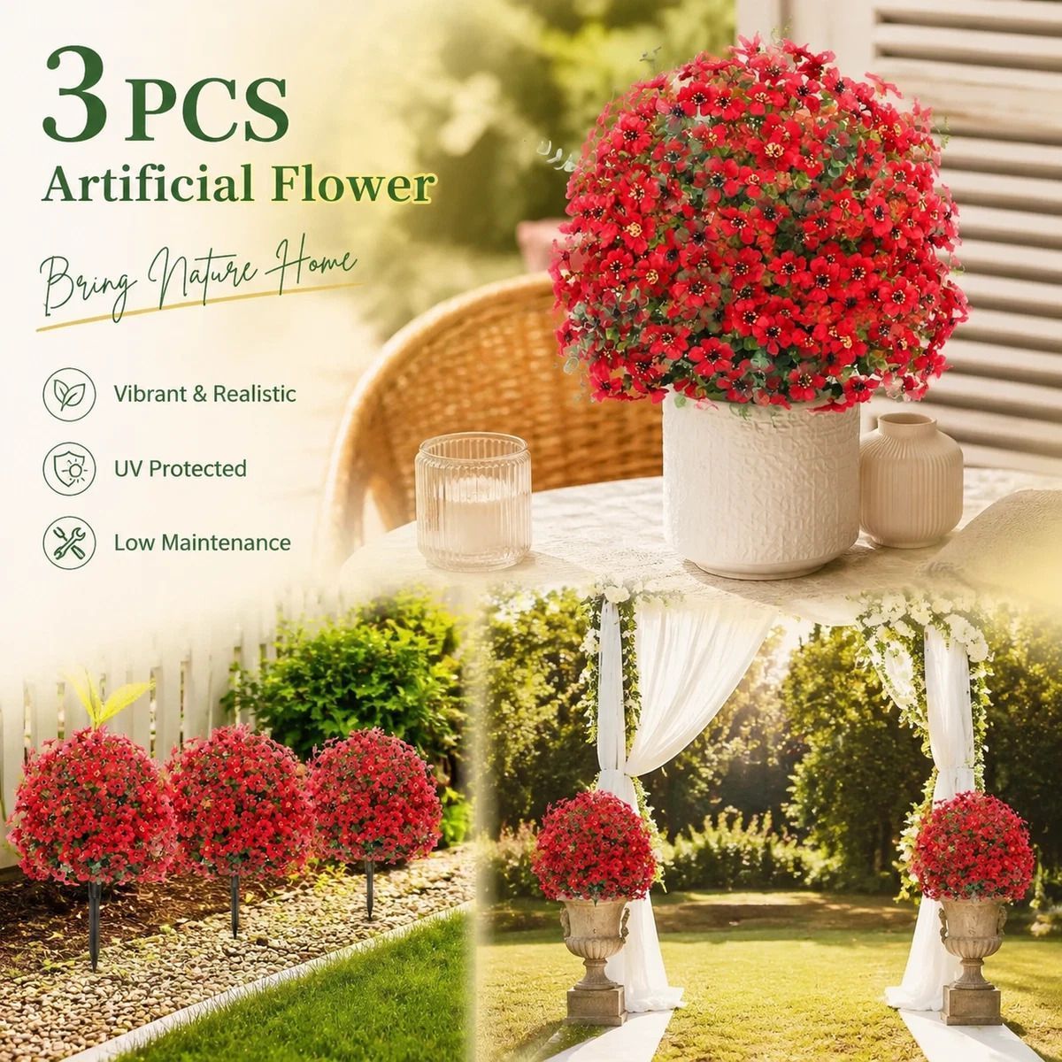 Bright Red Artificial Eucalyptus Stems 3Pcs Home Vase Garden Landscape Decor - Image 1